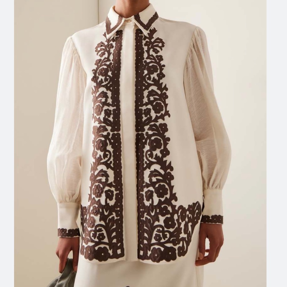 Elegant Cream Blouse with Brown Floral Detailing ALEMAIS